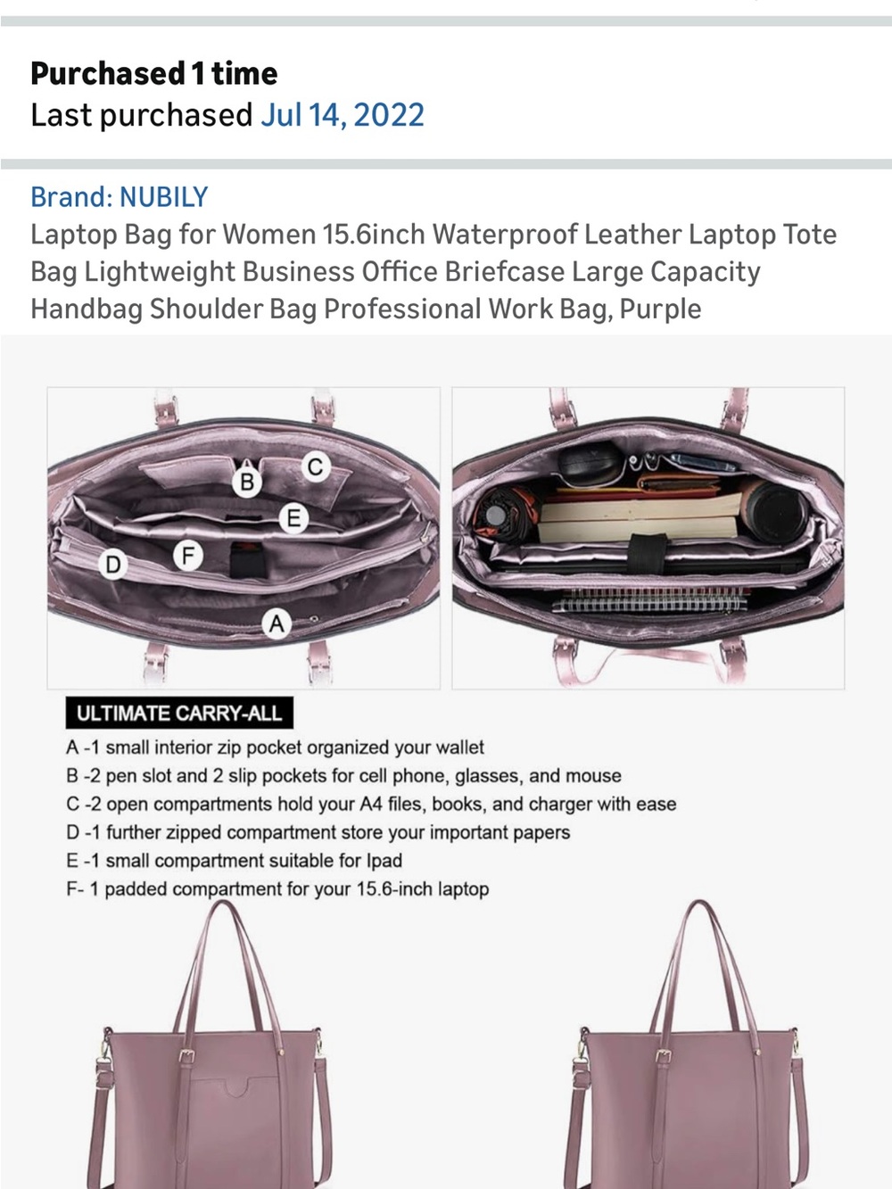 Purple Leather Laptop Tote Bag for Women